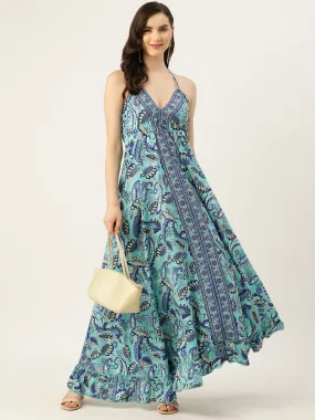 Arctic Blue Camelia Print Back Detail Long Dress