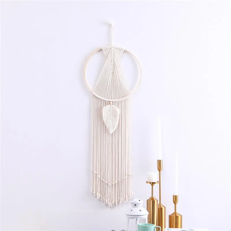 Botanical Cotton Macrame Wall Tapestry - Elegant Leaf Design with Tassels