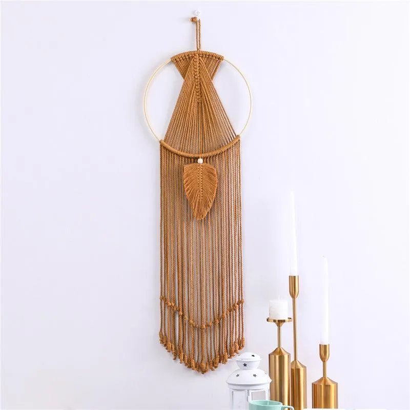 Botanical Cotton Macrame Wall Tapestry - Elegant Leaf Design with Tassels