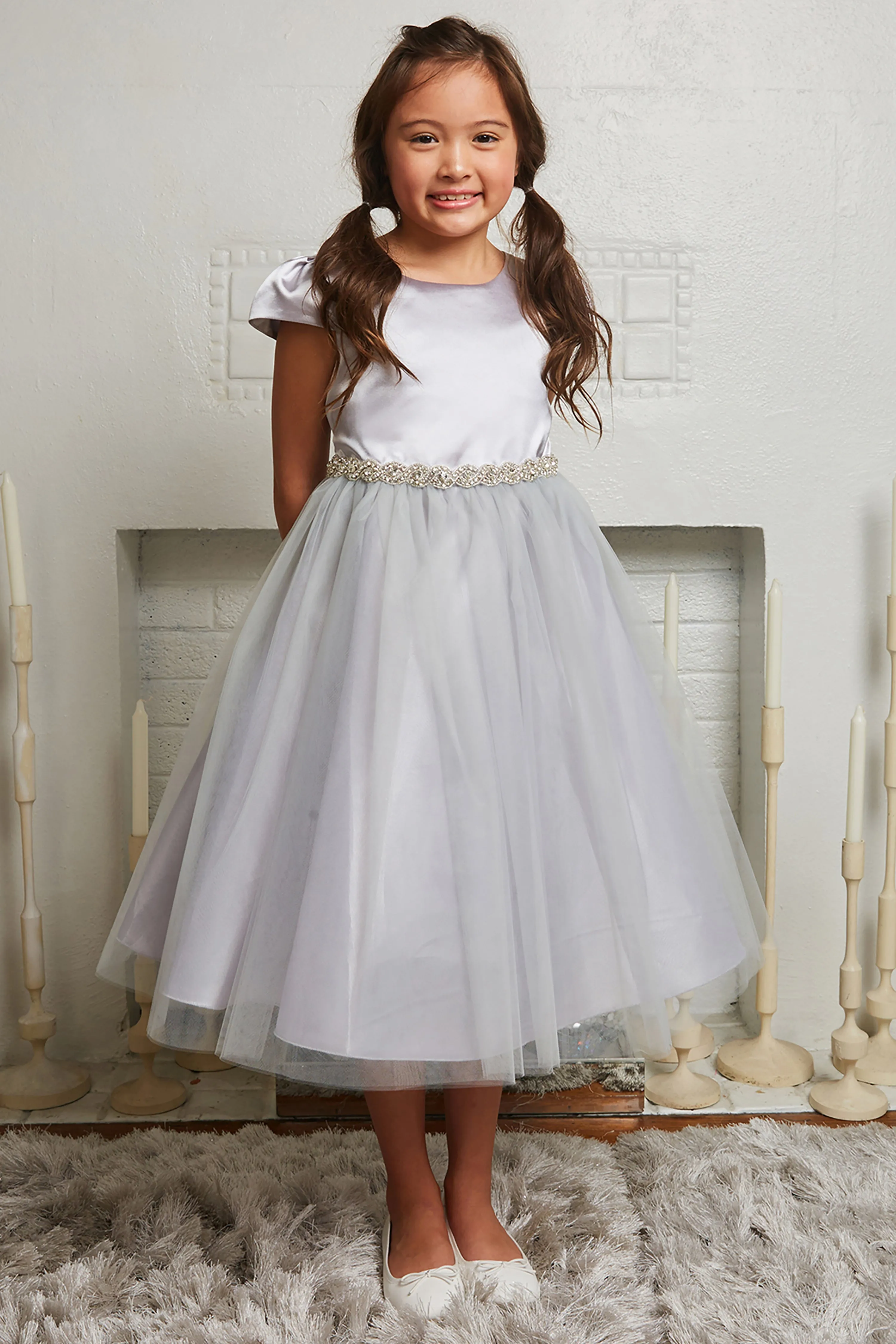 Capped Sleeve Satin & Tulle Plus Size Dress with Diamond Shaped Rhinestone Trim