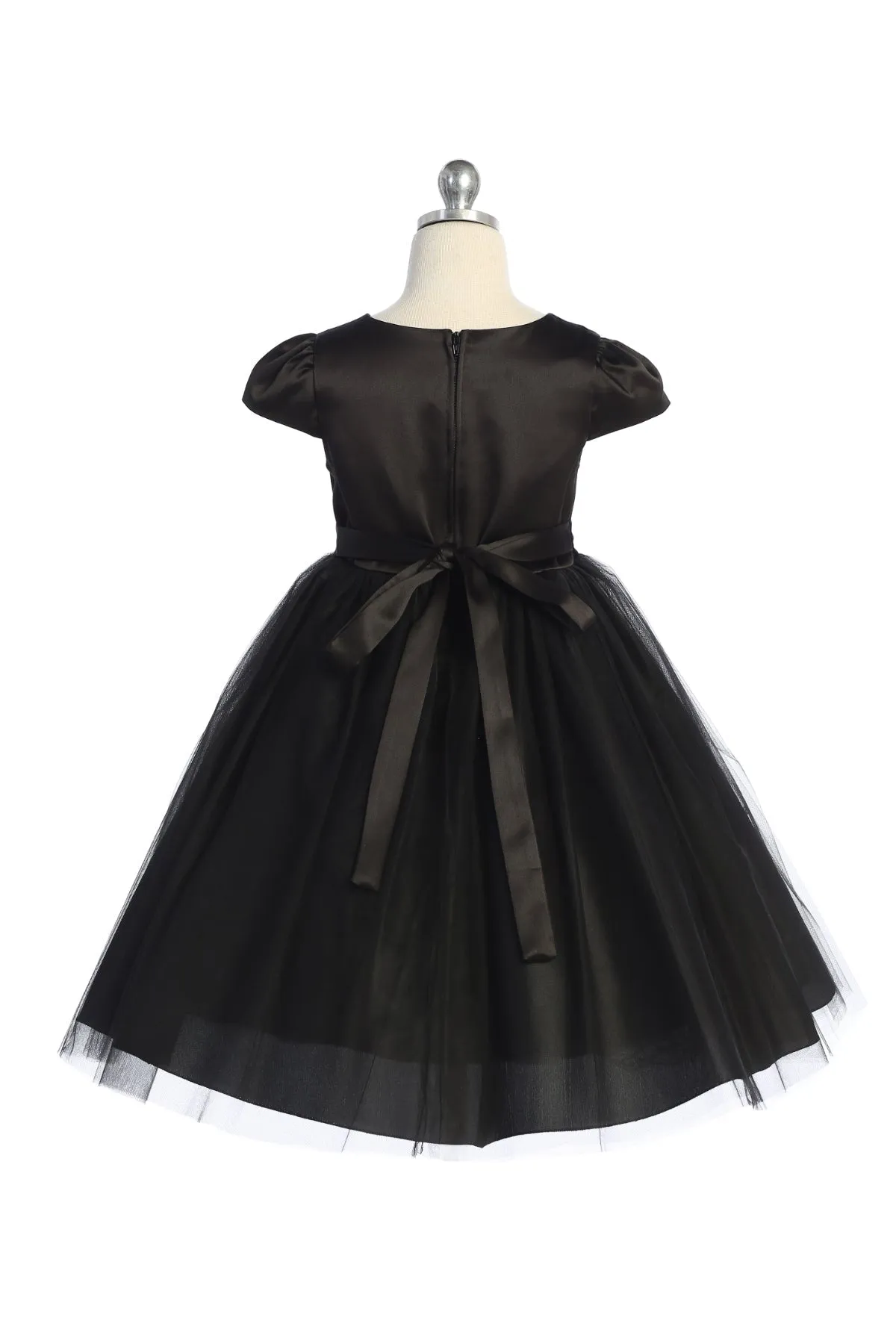 Capped Sleeve Satin & Tulle Plus Size Dress with Diamond Shaped Rhinestone Trim