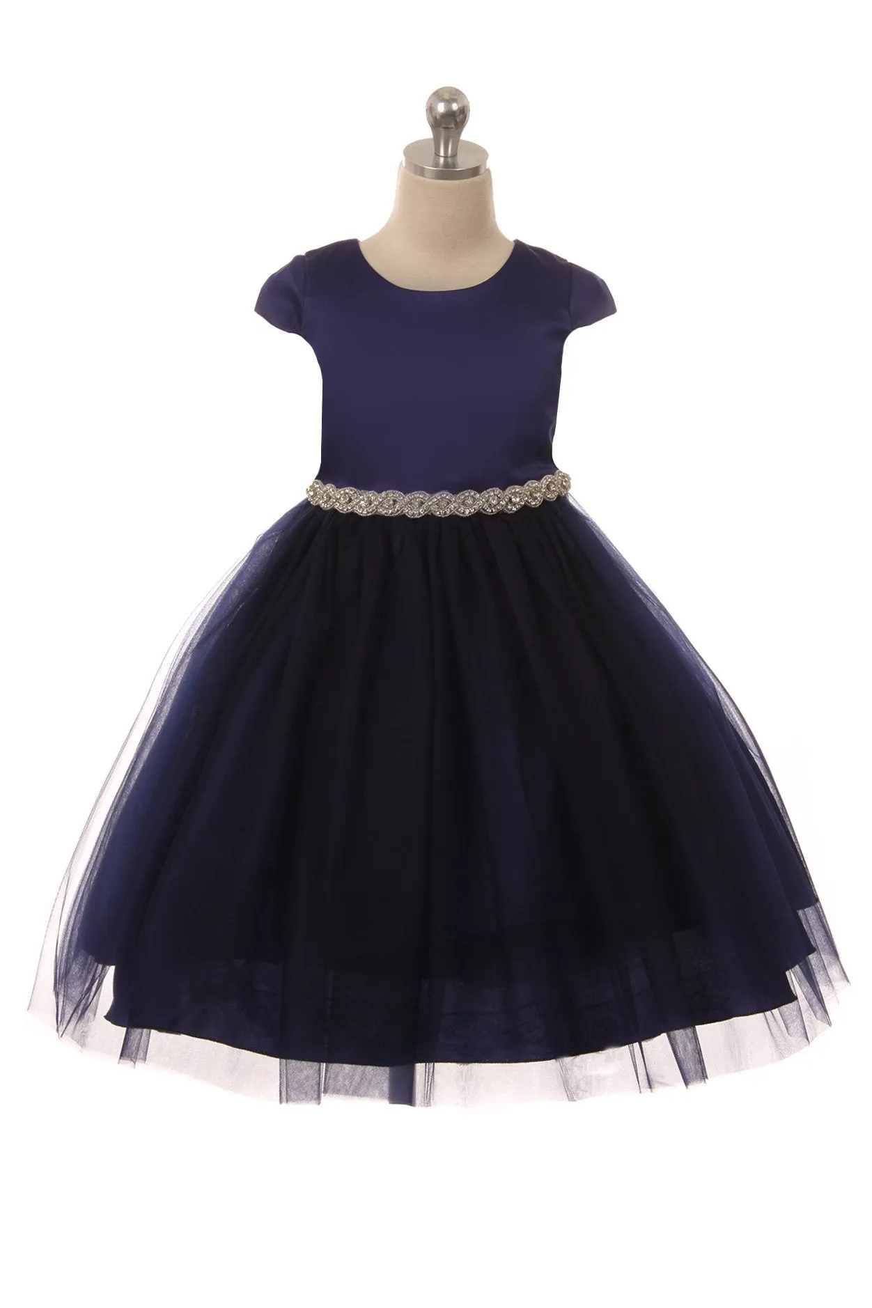 Capped Sleeve Satin & Tulle Plus Size Dress with Diamond Shaped Rhinestone Trim