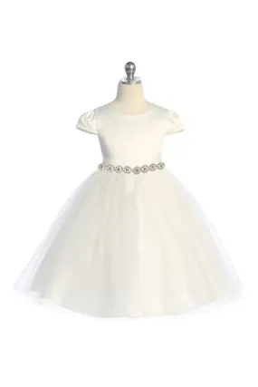 Capped Sleeve Satin & Tulle Plus Size Dress with Diamond Shaped Rhinestone Trim