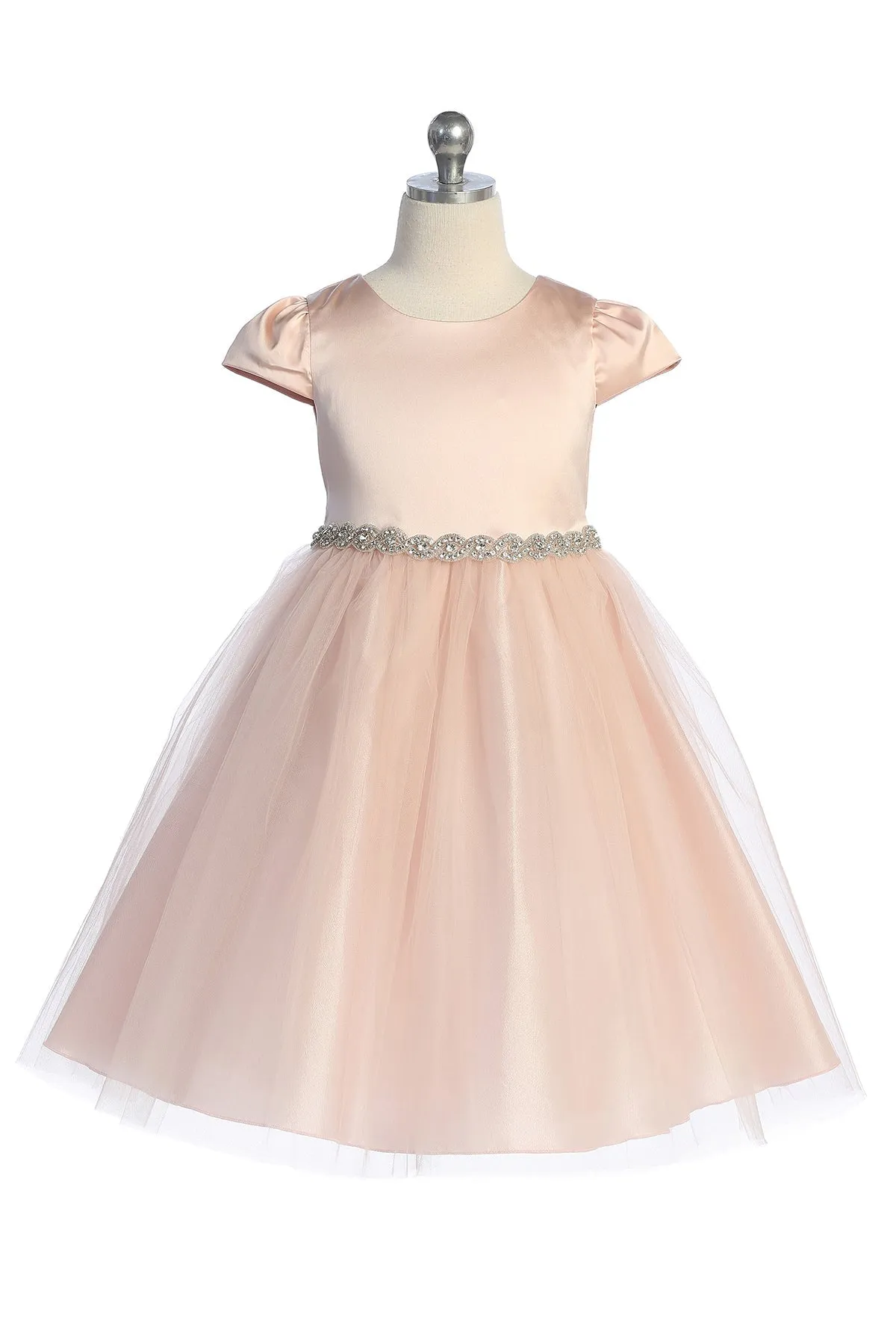 Capped Sleeve Satin & Tulle Plus Size Dress with Diamond Shaped Rhinestone Trim