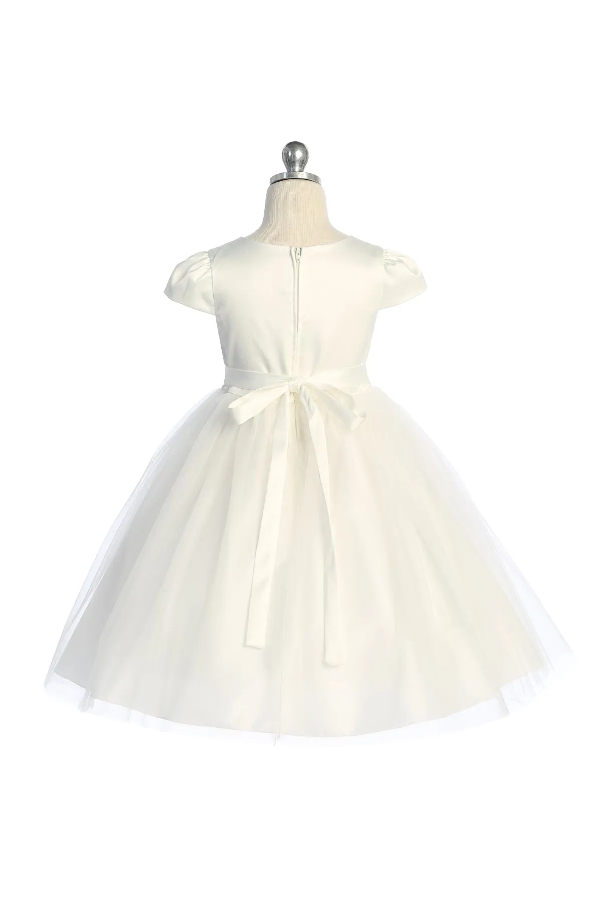 Capped Sleeve Satin & Tulle Plus Size Dress with Diamond Shaped Rhinestone Trim