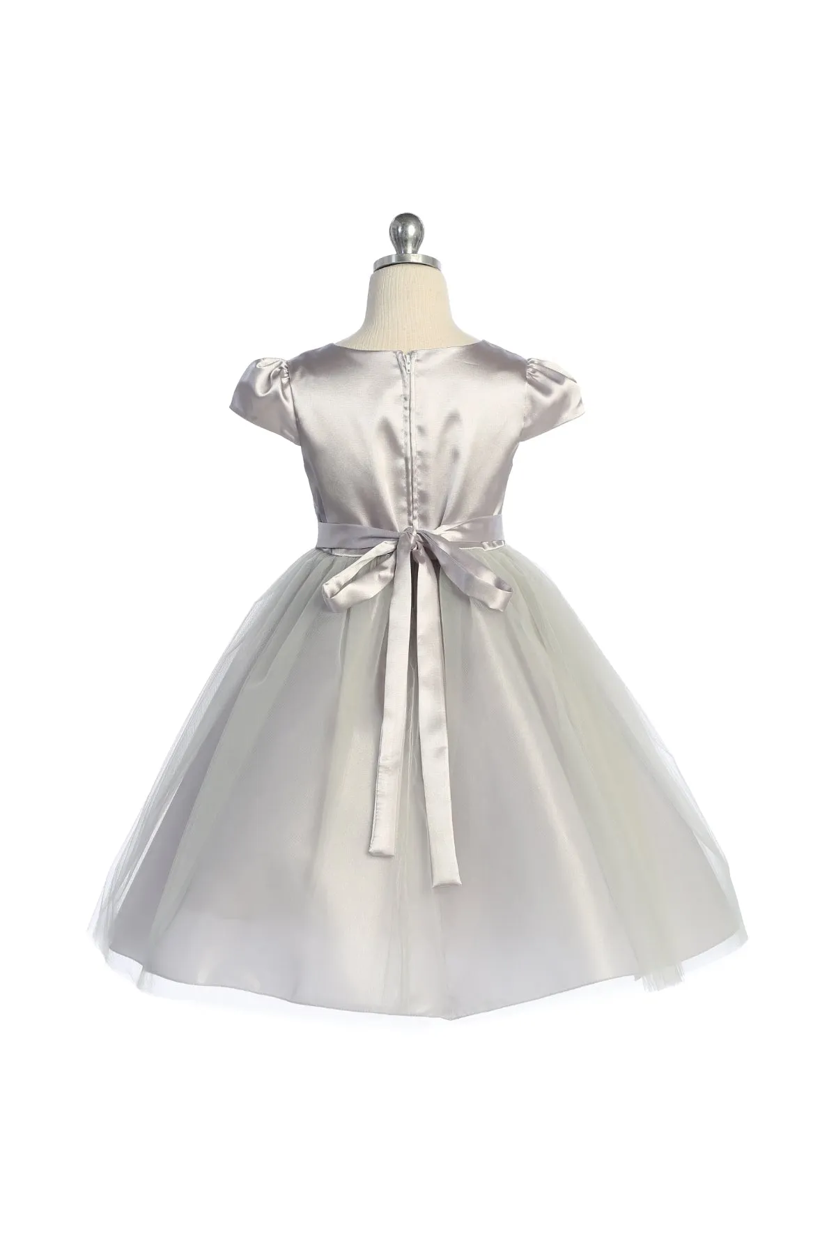 Capped Sleeve Satin & Tulle Plus Size Dress with Diamond Shaped Rhinestone Trim