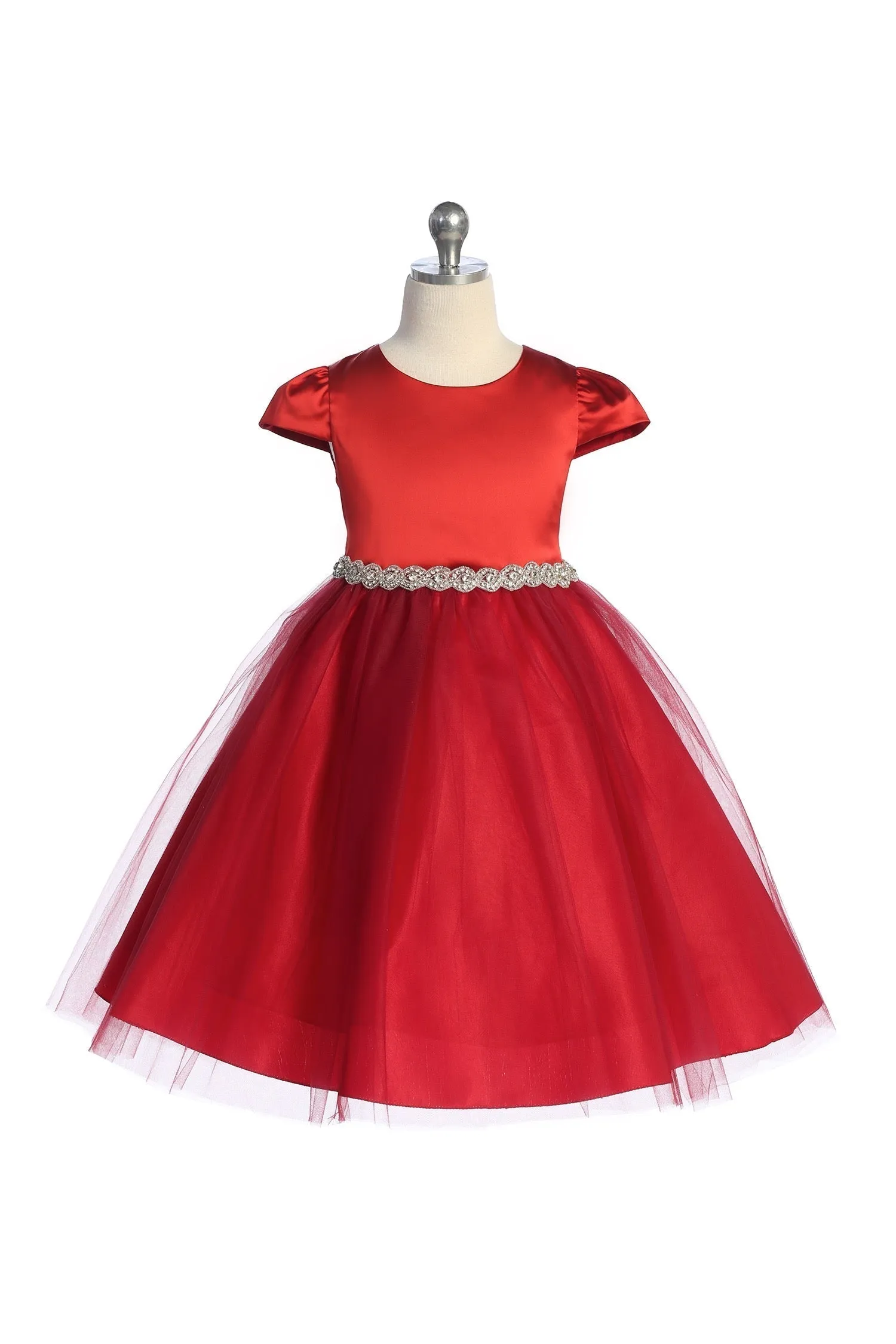 Capped Sleeve Satin & Tulle Plus Size Dress with Diamond Shaped Rhinestone Trim