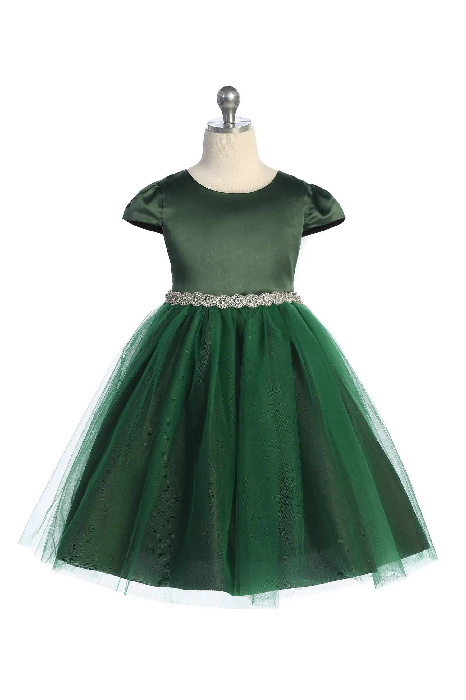 Capped Sleeve Satin & Tulle Plus Size Dress with Diamond Shaped Rhinestone Trim