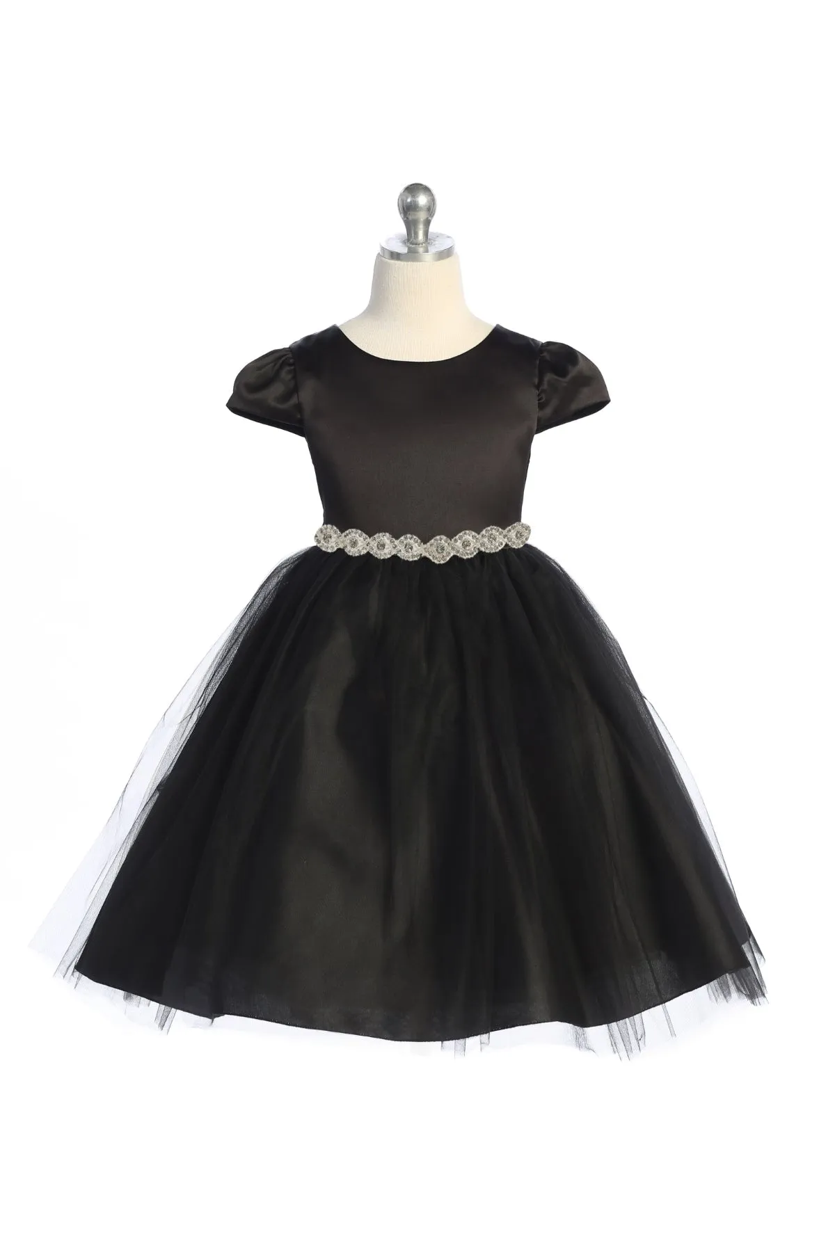 Capped Sleeve Satin & Tulle Plus Size Dress with Diamond Shaped Rhinestone Trim