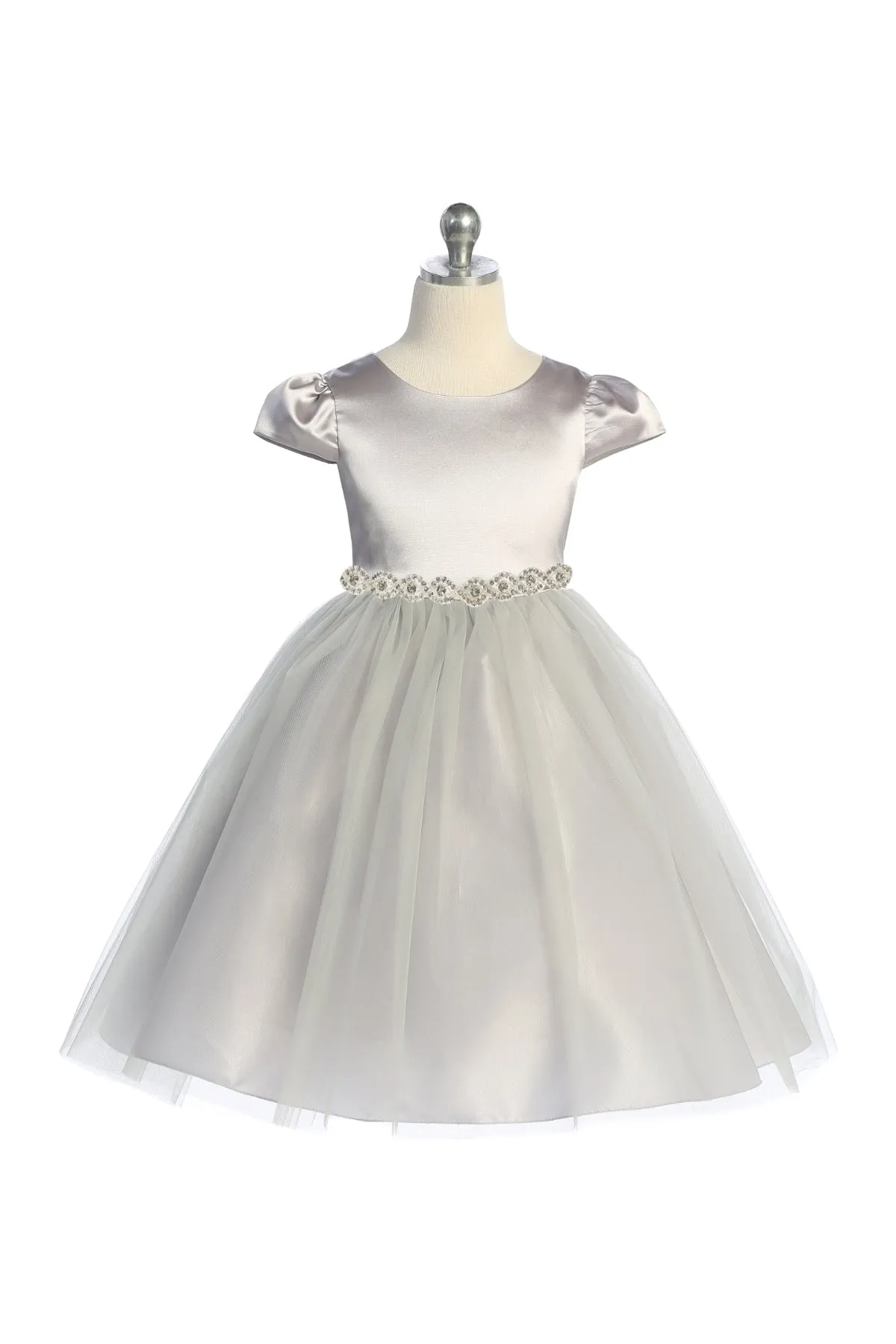 Capped Sleeve Satin & Tulle Plus Size Dress with Diamond Shaped Rhinestone Trim