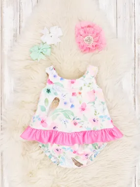 Pink Watercolor Floral Ruffle Bloomers Outfit