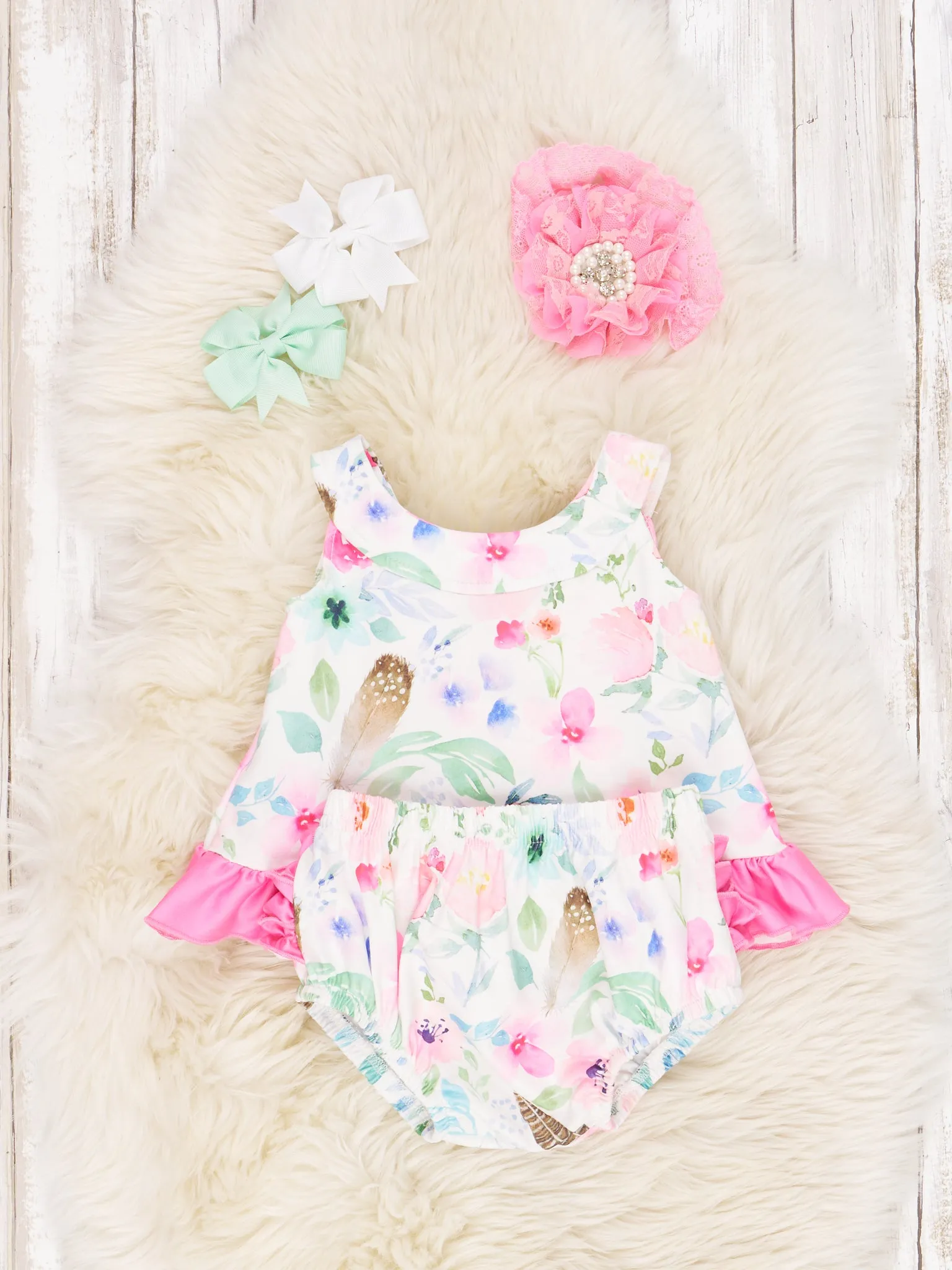 Pink Watercolor Floral Ruffle Bloomers Outfit