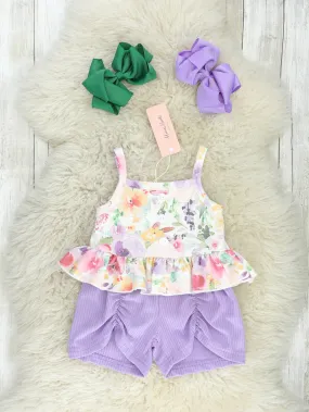 Purple Watercolor Floral Tank & Shorts Outfit