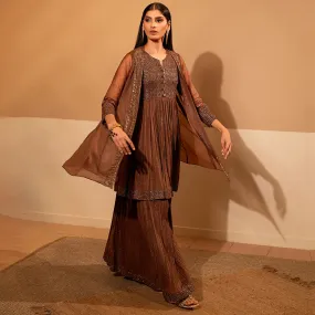 Rustic Brown Pleated Dress With Shrug