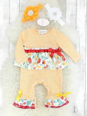 Striped Orange & Red Floral Watercolor Ruffle Romper