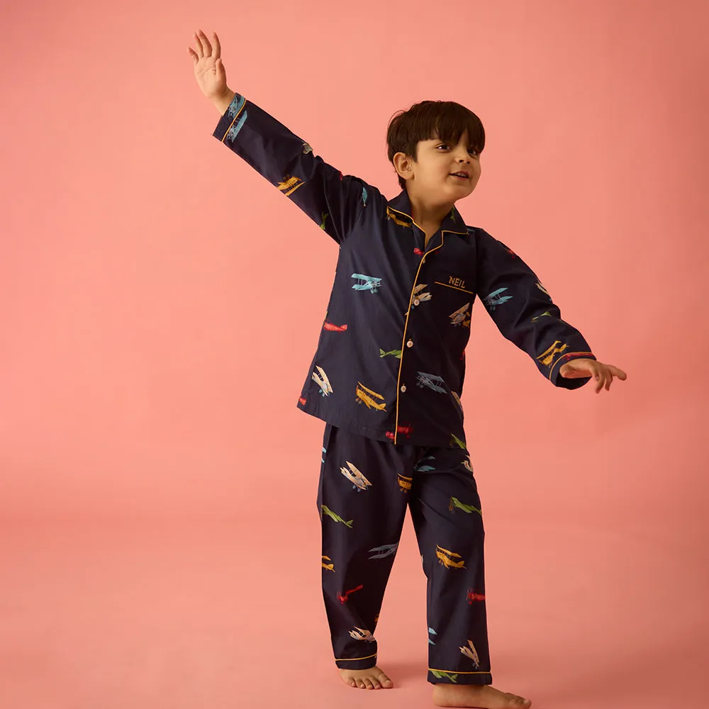 Vintage Planes Navy Pajama Set For Kids